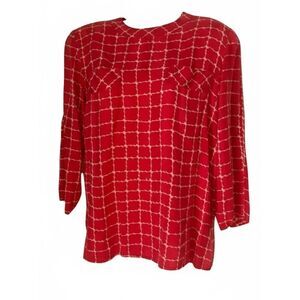 Vintage Francesca of Damon 100% Silk Blouse Red Grid Print Relaxed Fit Top 12